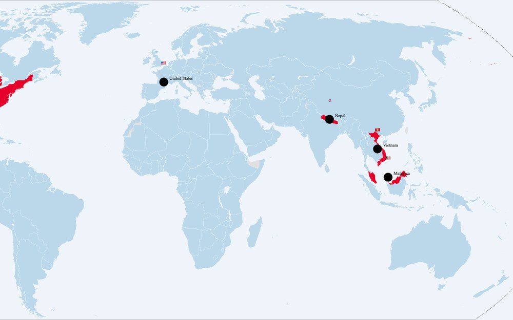 Map of Shrestha Lab's active field sites